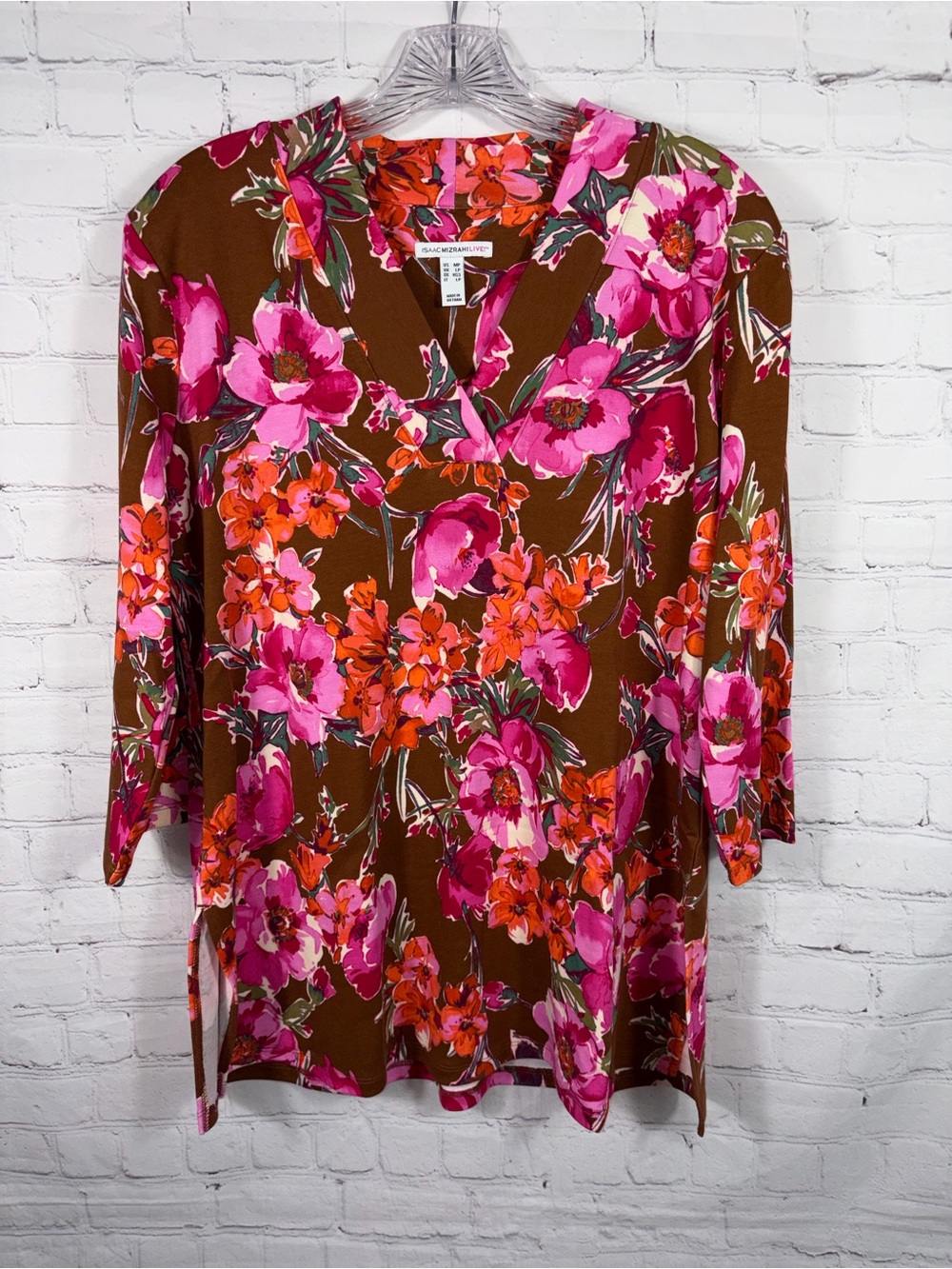 Isaac Mizrahi Live! Brown Pink Floral Cotton V Neck Tunic Top Size Medium Petite - Picture 2 of 9